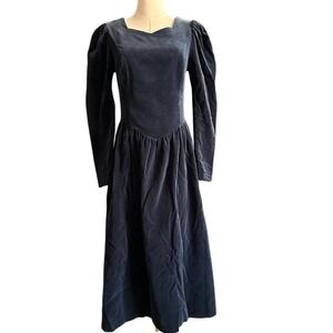 Vintage Laura‎ Ashley Navy Velvet Puff Sleeve Midi Dress Great Britain Size 12